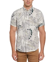 Perry Ellis Bold Leaf Print Short Sleeve Linen Blend Woven Shirt