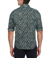 Perry Ellis Geo Line Print Roll-Sleeve Woven Shirt