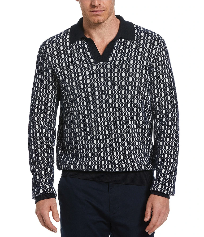 Perry Ellis Geo Print Long Sleeve Polo Sweater