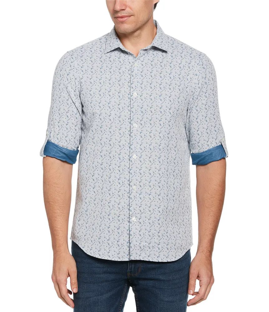 Perry Ellis Geo Print Roll-Sleeve Woven Shirt