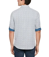 Perry Ellis Geo Print Roll-Sleeve Woven Shirt