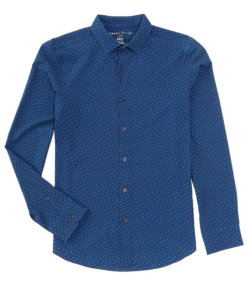 Perry Ellis Slim-Fit Performance Stretch Block Dots Print Long Sleeve Woven Shirt