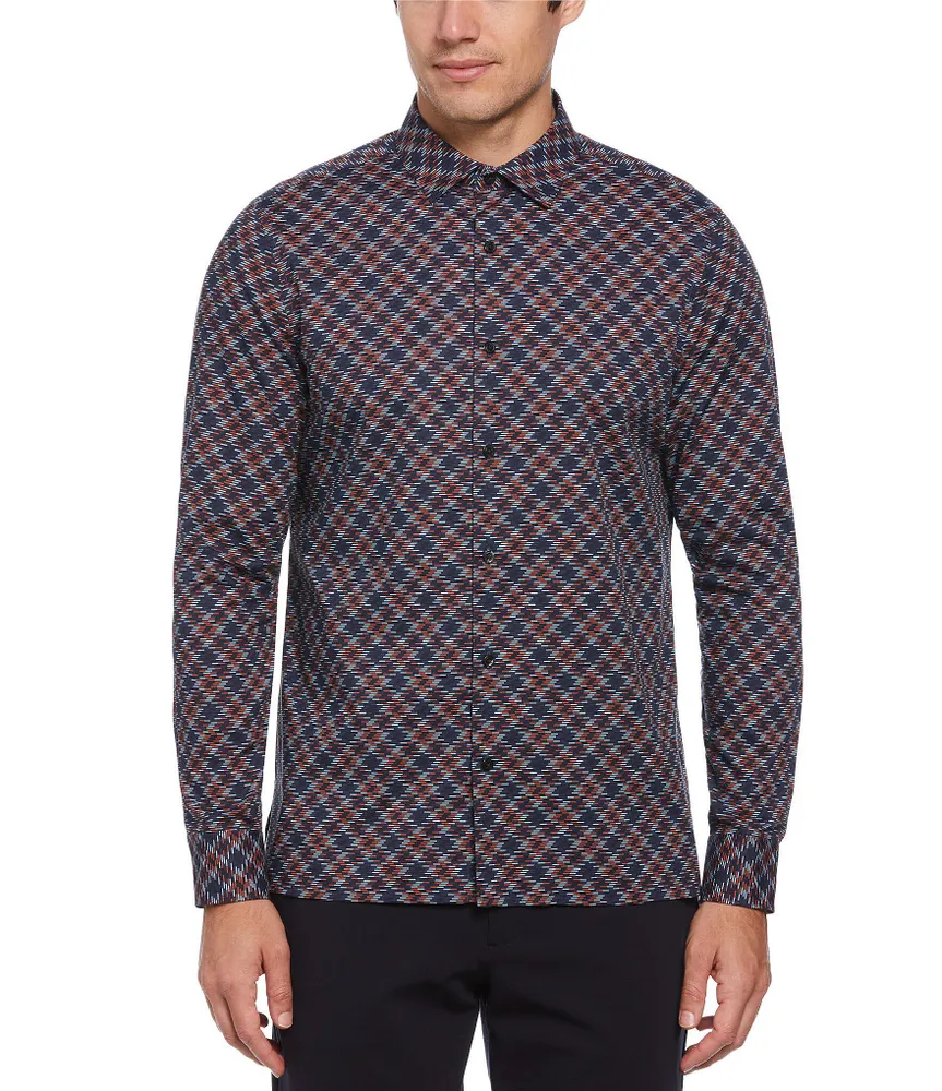 Perry Ellis Stretch Line Print Long Sleeve Woven Shirt