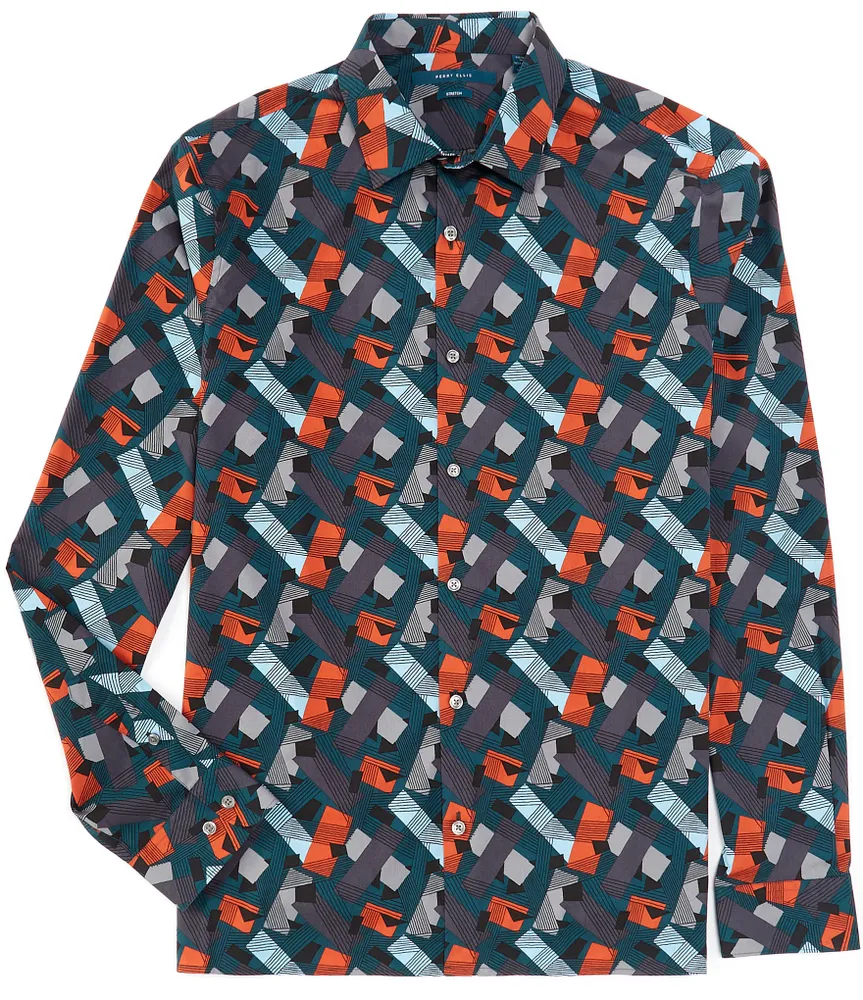 Perry Ellis Stretch Roadmap Print Long Sleeve Woven Shirt