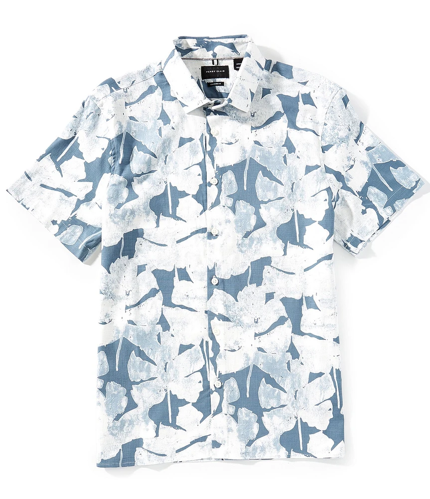 Perry Ellis Textured Leaf Print Stretch Short Sleeve Woven Shirt