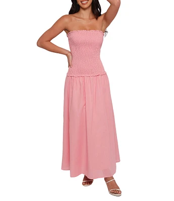 Petal & Pup Bea Linen Blend Strapless Ruffle Trim Drop Waist Maxi Dress