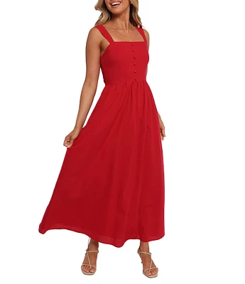 Petal & Pup Caty Square Neck Sleeveless Wide Strap Button Detail A-Line Maxi Dress