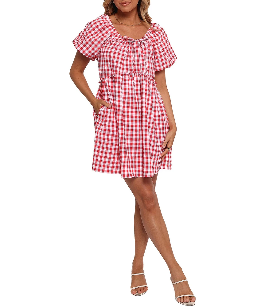 Petal & Pup Dorothea Gingham Round Neck Short Puff Smocked Ruffle Hem Mini Dress