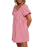 Petal & Pup Dorothea Gingham Round Neck Short Puff Smocked Ruffle Hem Mini Dress