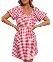 Petal & Pup Dorothea Gingham Round Neck Short Puff Smocked Ruffle Hem Mini Dress