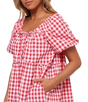 Petal & Pup Dorothea Gingham Round Neck Short Puff Smocked Ruffle Hem Mini Dress