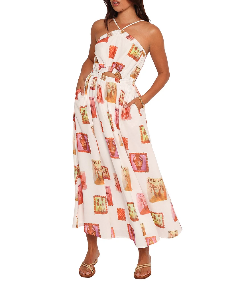 Petal & Pup Madi Abstract Postcard Print Halter Neck Sleeveless Cut Out Fit And Flare Maxi Dress