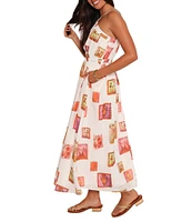 Petal & Pup Madi Abstract Postcard Print Halter Neck Sleeveless Cut Out Fit And Flare Maxi Dress