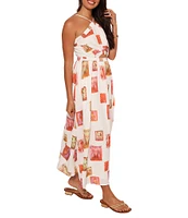 Petal & Pup Madi Abstract Postcard Print Halter Neck Sleeveless Cut Out Fit And Flare Maxi Dress