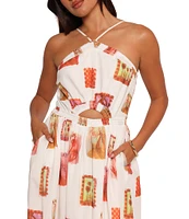 Petal & Pup Madi Abstract Postcard Print Halter Neck Sleeveless Cut Out Fit And Flare Maxi Dress