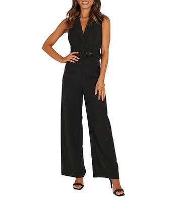 Petal & Pup Sienna V-Neckline Sleeveless Belted Wide Leg Jumpsuit