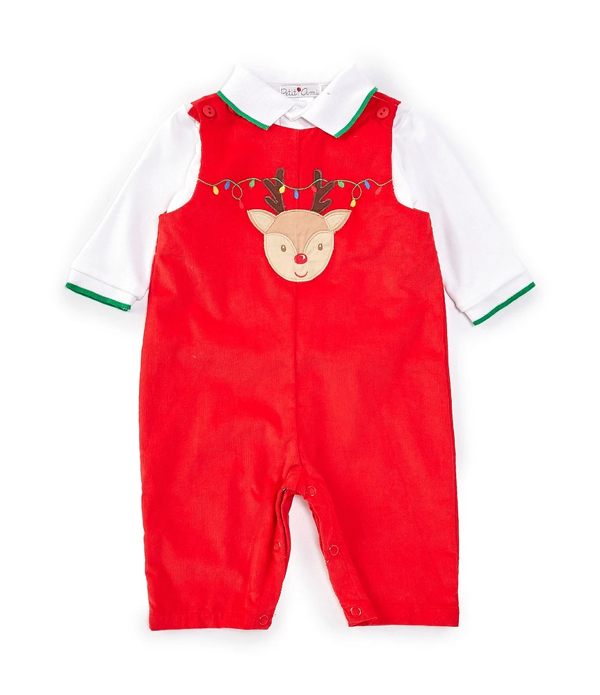 Petit Ami Baby 3-24 Months Red Corduroy & Shirt Reindeer Applique Coverall