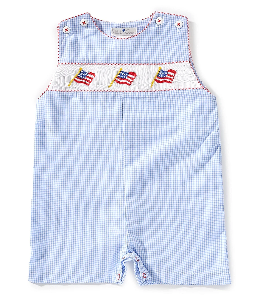 Petit Ami Baby Boys Sleeveless Checked/American Flag Smocked Waist Shortall