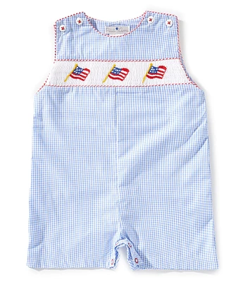 Petit Ami Baby Boys 3-24 Months Sleeveless Checked/American Flag Smocked Waist Shortall