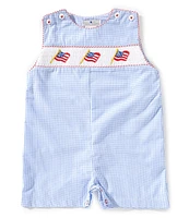 Petit Ami Baby Boys Sleeveless Checked/American Flag Smocked Waist Shortall