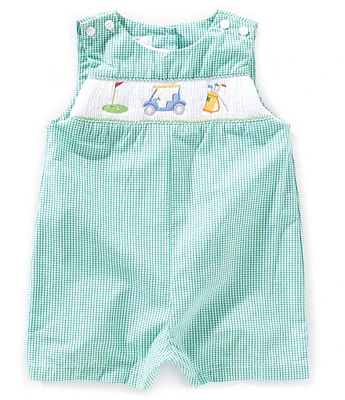 Petit Ami Baby Boys 3-24 Months Sleeveless Gingham-Checked Sailboat-Embroidered Shortall