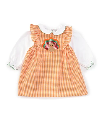 Petit Ami Baby Girls 12-24 Months Sleeveless Thanksgiving Turkey Applique Checked Jumper Dress & Long Sleeve Solid Knit Top Set