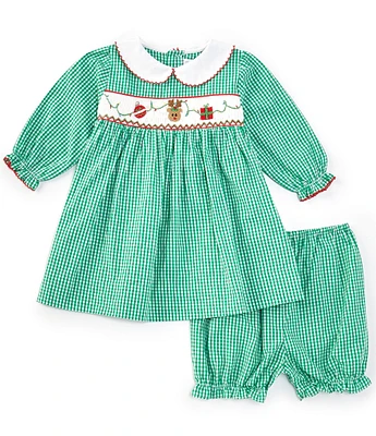 Petit Ami Baby Girls 3-24 Months Checked Smocked Reindeer And Christmas Dress & Matching Bloomer Set