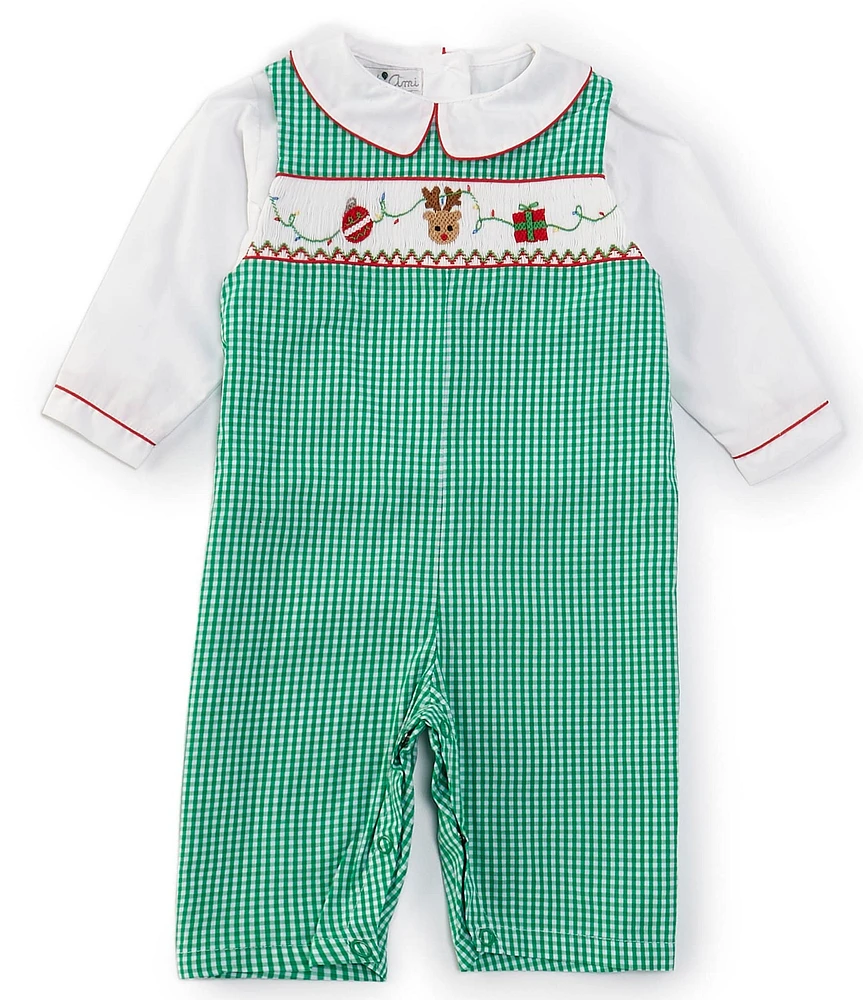 Petit Ami Baby Girls 3-24 Months Green Check Reindeer And Christmas Overall