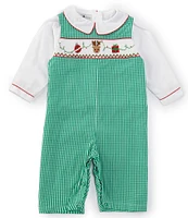 Petit Ami Baby Girls 3-24 Months Green Check Reindeer And Christmas Overall