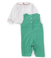 Petit Ami Baby Girls 3-24 Months Green Check Reindeer And Christmas Overall