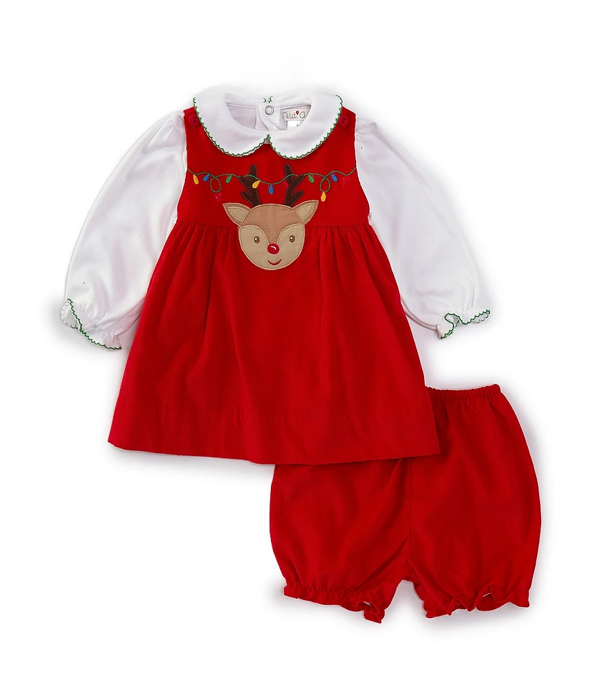 Petit Ami Baby Girls 3-24 Months Red Corduroy Jumper Reindeer Applique Dress & Matching Bloomer Set