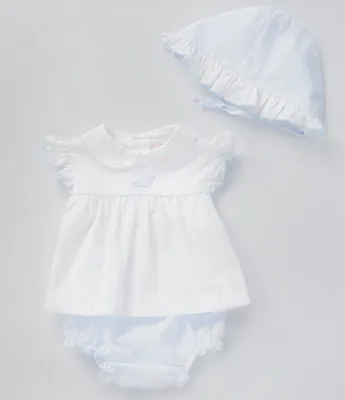 Petit Ami Baby Girls Newborn-6 Months Flutter Sleeve Whale Motif Dress, Panty & Bonnet Set