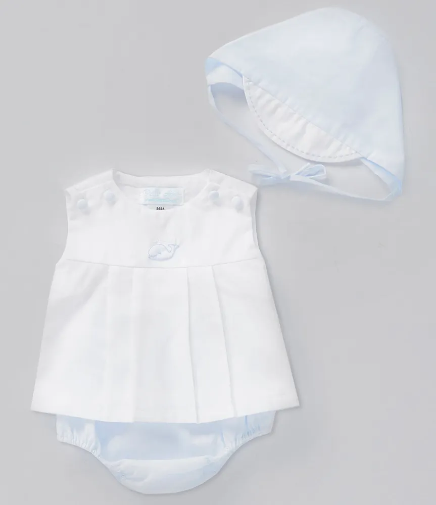 Petit Ami Baby Girls Newborn-6 Months Sleeveless Shadow-Stitched Whale Motif Top, Panty & Bonnet Set