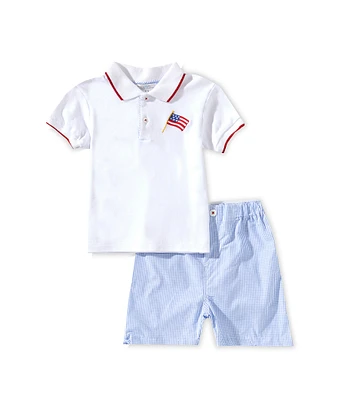 Petit Ami Little Boys 2T-4T Short-Sleeve Solid American Flag Embroidered Polo Shirt & Checked Shorts Set