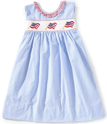 Petit Ami Little Girls 2T-4T Sleeveless Checked/American Flag Smocked Waist Fit-And-Flare Dress