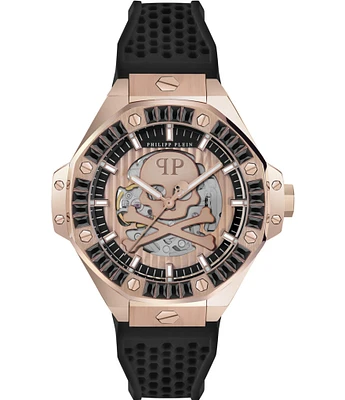 Philipp Plein Men's Plein Skeleton Royal Automatic Black and Rose Gold Silicone Strap Watch