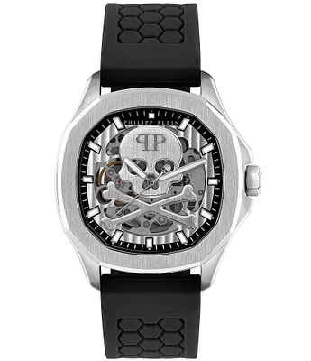 Philipp Plein Men's Skeleton Spectre Automatic Silver Black Silicone Strap Watch