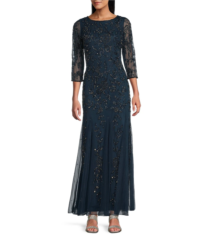 Pisarro Nights 3/4 Sleeve Crew Neck Long Beaded Godet Gown