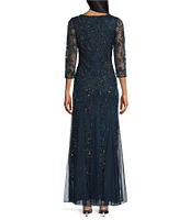 Pisarro Nights 3/4 Sleeve Crew Neck Long Beaded Godet Gown