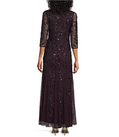 Pisarro Nights Beaded Sequin Boat Neck Illusion 3/4 Sleeve Gown