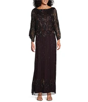 Pisarro Nights Beaded Boat Neck Cold Shoulder Sleeve Blouson Gown