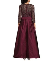 Pisarro Nights Beaded Bodice Illusion Crew Neck 3/4 Sleeve Tie Waist A-Line Gown