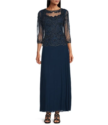 Pisarro Nights Beaded Illusion Boat Neck 3/4 Sleeve A-Line Dress