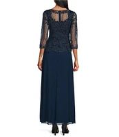 Pisarro Nights Beaded Illusion Boat Neck 3/4 Sleeve A-Line Dress