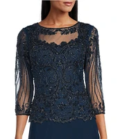Pisarro Nights Beaded Illusion Boat Neck 3/4 Sleeve A-Line Dress