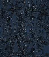 Pisarro Nights Beaded Illusion Boat Neck 3/4 Sleeve A-Line Dress