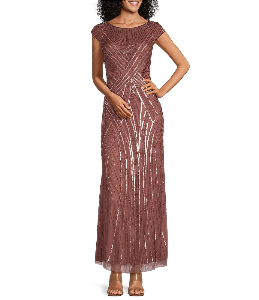 Pisarro Nights Beaded Mesh Boat Neck Cap Sleeve Blouson Gown