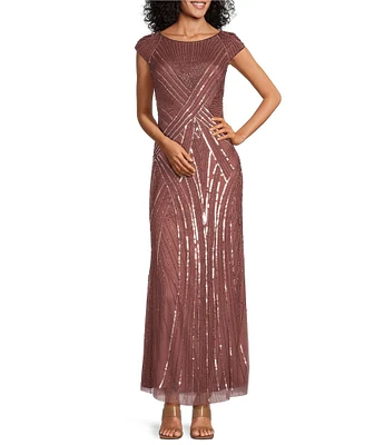 Pisarro Nights Beaded Mesh Boat Neck Cap Sleeve Blouson Gown