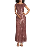 Pisarro Nights Beaded Mesh Boat Neck Cap Sleeve Blouson Gown