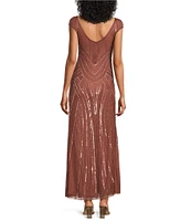 Pisarro Nights Beaded Mesh Boat Neck Cap Sleeve Blouson Gown